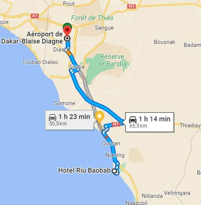 Trajet Hôtel Riu Baobab (Pointe Sarène) — AIBD — Aéroport Blaise Diagne