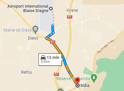 Trajet AIBD — Aéroport Blaise Diagne — Sindia