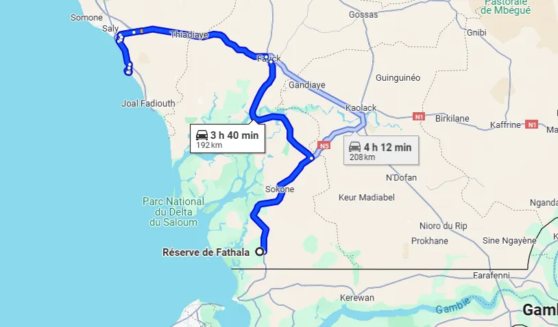 Itinéraire Hôtel Riu Baobab (Pointe Sarène) — Réserve de Fathala