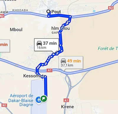 Trajet Pout — AIBD — Aéroport Blaise Diagne